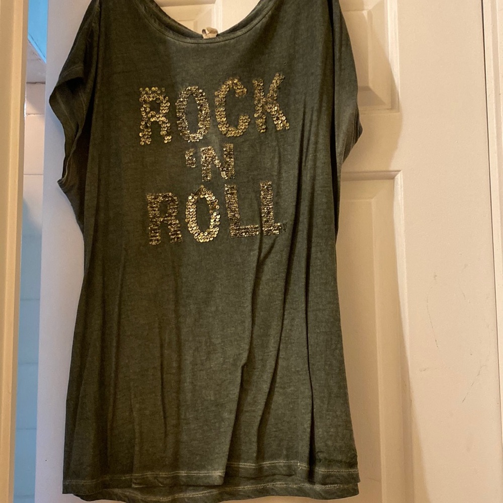3 for $15.  Tshirt with writing done in metallic sequins